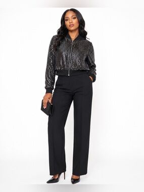Allegra K Black & Silver Sequin Stripe Bomber Jacket